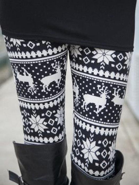 Christmas Black-White Elk Tribal Pattern Leggings