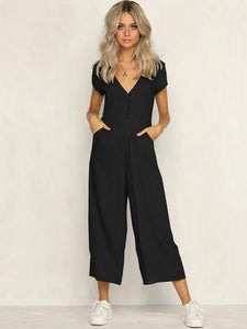 Solid Color V Neck Short Sleeve Wide Leg Pants Jumpsuit