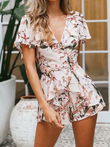 Print V Neck Short Sleeve High Waist Jumpsuit Rompers