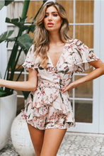 Load image into Gallery viewer, Print V Neck Short Sleeve High Waist Jumpsuit Rompers
