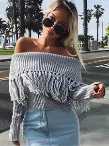 Knit Off Shoulder Long Sleeve Tassel Sweater