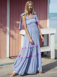 2018 Summer Boho Pompoms Split Beach Maxi Dress