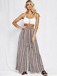 Print Stripe Belted High Waist Wide Leg Pants