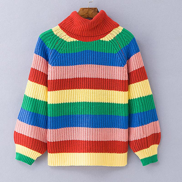 Rainbow Turtleneck Winter Jumpers Knitted Striped Oversize Pullover Sweater