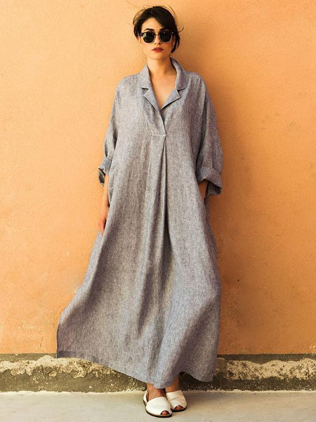 Plus Size Three Colors Ramie Cotton Lapel Linen Loose Long Dress