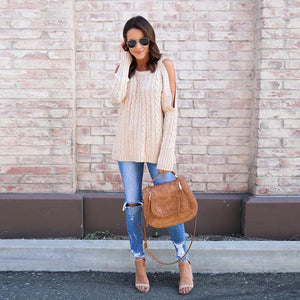 Knit Cold Shoulder Long Sleeve Winter Casual Sweater