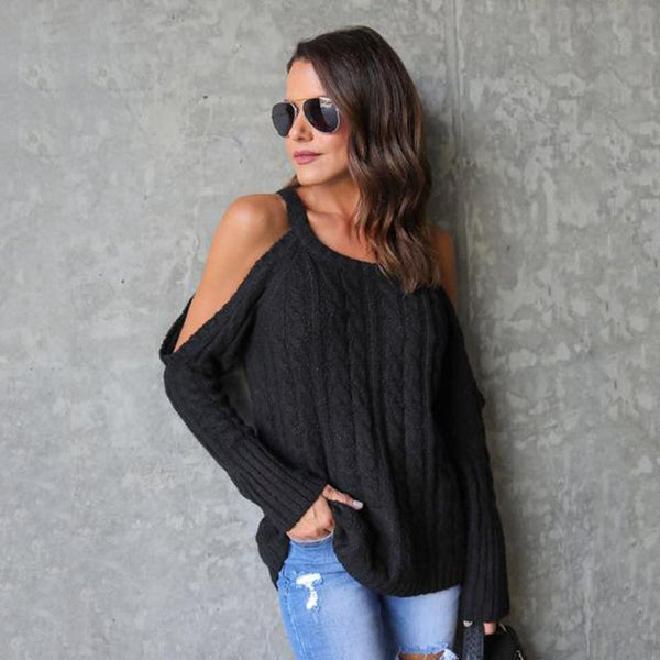 Knit Cold Shoulder Long Sleeve Winter Casual Sweater