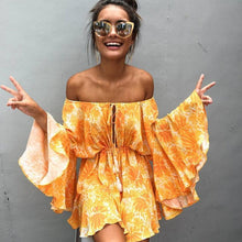 Load image into Gallery viewer, Stylish bohemia floral print jumpsuits shoulder-off sexy beach short romper
