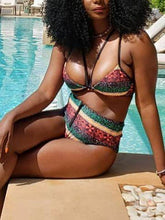 Load image into Gallery viewer, Split High-waist National Wind-stripe Printing Bikini Swimsuit
