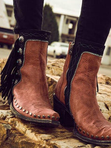 Ladies Boots Blue Middle Tassel Rhinestone Decorative Rivet Mid Heel Large Size Pure Autumn Winter Ankle Boots For Women