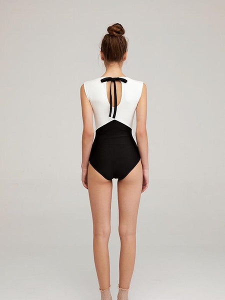 New Solid Color Black and White Stitching Bikini One-piece Triangle Swimsuit