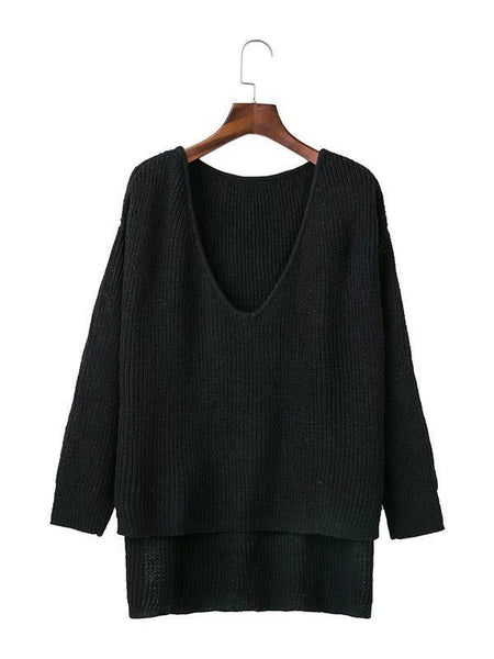 Solid Color Asymmetric V-neck Loose Sweater Tops