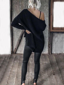 Solid Color Asymmetric V-neck Loose Sweater Tops