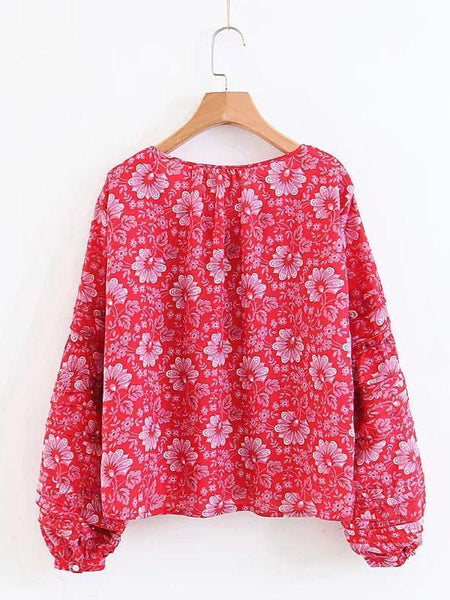 Boho Floral Long Sleeve V Neck Top Blouse