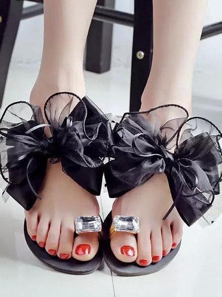 Big Size Butterflyknot Lace Bead Clip Toe Flat Flip Flops Sandals