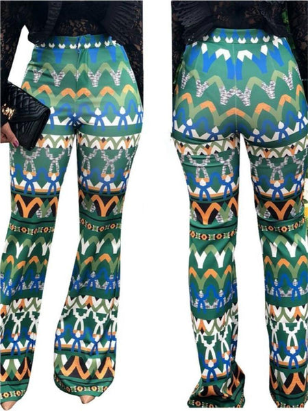 Yt3073 Fashionable Floral Print Green Leisure Pants Women's Printed Micro Trumpet Trousers