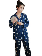 Load image into Gallery viewer, Spring and Summer Simple Women's Long Sleeve Lapel Housewear Set Ice Silk Dot Printed Silk Pajamas
