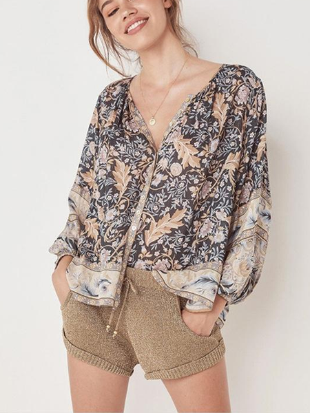 Loose Printed Blouse Bohemian Long Sleeve V-neck Blouse