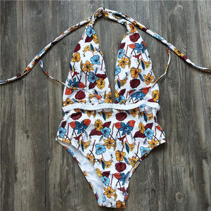 Sexy V-Neck High Waist Floral Printed Swimsuit