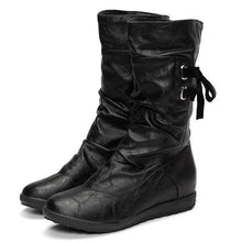 Load image into Gallery viewer, Big Size Pure Color Lace Up Mid Calf Flat Knight Boots
