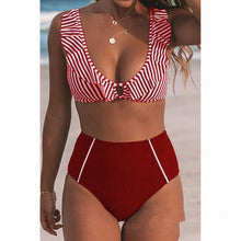 Load image into Gallery viewer, Bikini stripe solid color lotus leaf flash high waist split swimsuit
