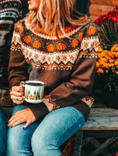 Load image into Gallery viewer, Printed  Tight Knit Holiday Pullover Brown Crew Neck Knitted Sweater
