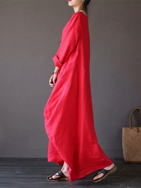 Solid Color Loose Casual Round Neck Maxi Dress