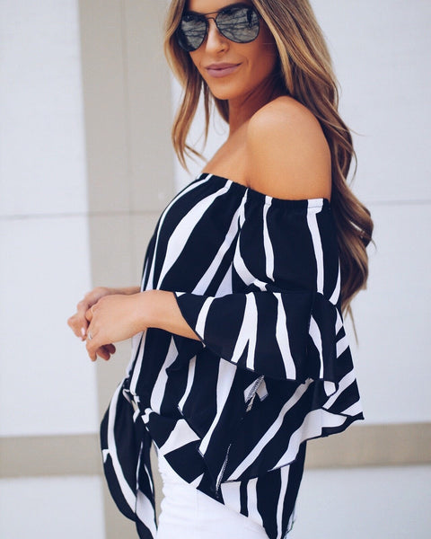 Stripe Off Shoulder Trumpet Sleeve Tops Shirt Blouses