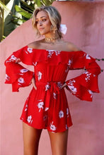 Load image into Gallery viewer, Off Shoulder Long Bell Sleeve Belted Short Jumpsuit Rompers
