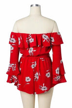 Load image into Gallery viewer, Off Shoulder Long Bell Sleeve Belted Short Jumpsuit Rompers
