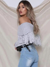 Load image into Gallery viewer, Knit Off Shoulder Long Sleeve Tassel Sweater
