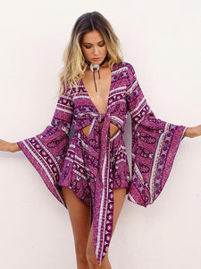 Print V Neck Long Sleeve Boho Rompers