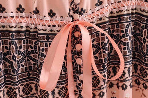 Pink Printed Wavy Ribbon Hollow Big Skirt Holiday Dress