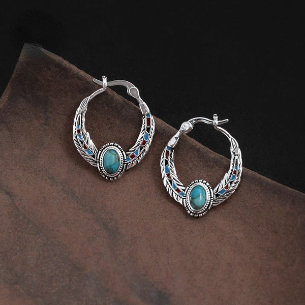 Blue 925 Silver Vintage Ethnic Style Feather Enamel Turquoise Earring Literature Tibetan Earrings