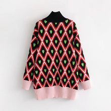 Load image into Gallery viewer, Fashion European And American Style High Collar Embroidery Contrast Color Love Geometry Pullover Sweater Top
