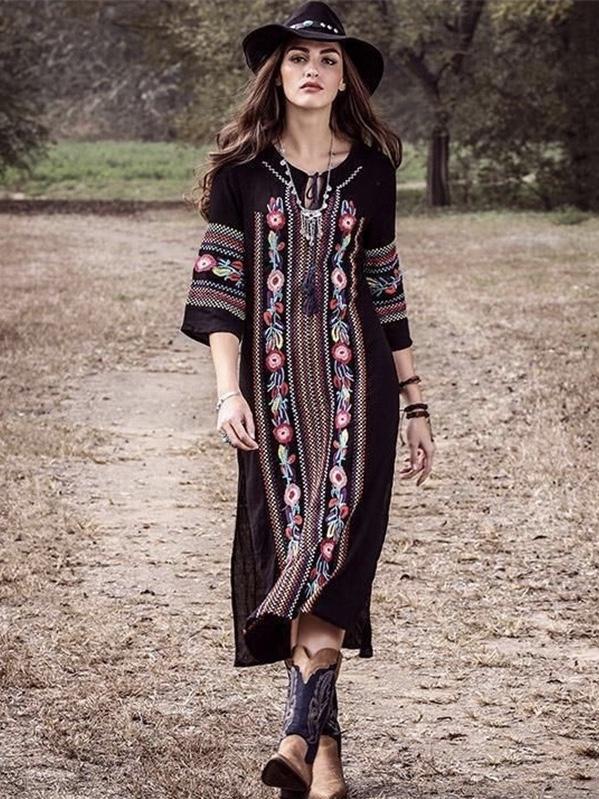 New Rayon Embroidered Mid-length-sleeved Beach Skirt Holiday Long Dress