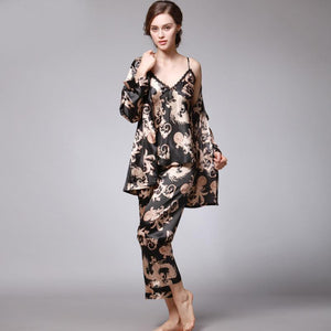 Silk Pajamas Ladies Spring and Summer Dragon Printed Silk Home Dress Three Pack