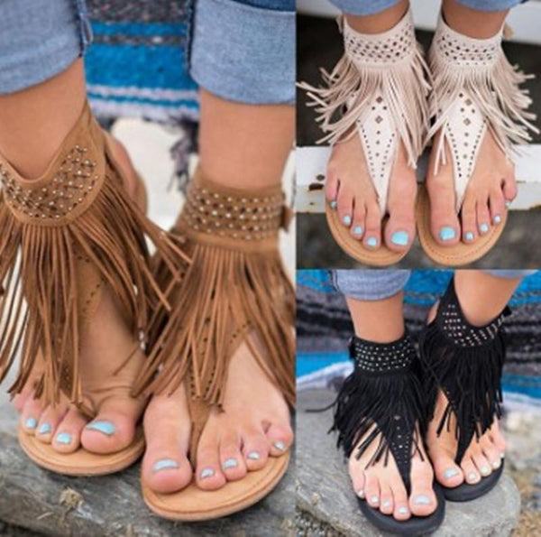 Flat Rhinestones Tassels Flip Flops Sandals