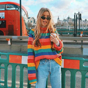 Rainbow Turtleneck Winter Jumpers Knitted Striped Oversize Pullover Sweater