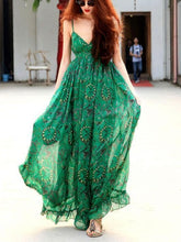 Load image into Gallery viewer, Green Chiffon Floral-Print Straps V Neck Bohemian Beach Maxi Dress
