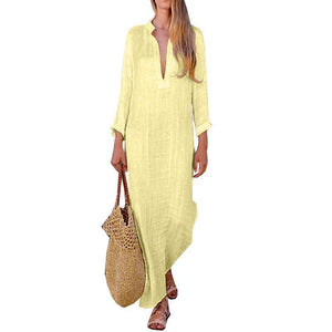 Solid Color V Neck Long Sleeve Casual Maxi Dress