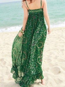 Green Chiffon Floral-Print Straps V Neck Bohemian Beach Maxi Dress