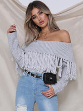 Load image into Gallery viewer, Knit Off Shoulder Long Sleeve Tassel Sweater
