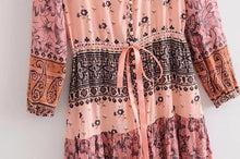 Load image into Gallery viewer, Pink Printed Wavy Ribbon Hollow Big Skirt Holiday Dress
