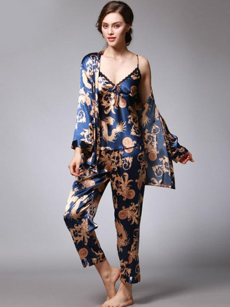 Silk Pajamas Ladies Spring and Summer Dragon Printed Silk Home Dress Three Pack