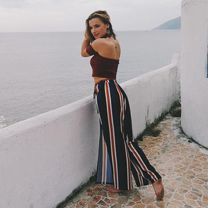 Striped Lace-up Seaside Holiday Wide-leg Bohemia Pants