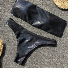 Load image into Gallery viewer, Black Grey Sequins Leather Sexy Swimsuit Bikini
