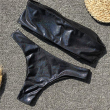 Load image into Gallery viewer, Black Grey Sequins Leather Sexy Swimsuit Bikini
