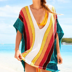 Rainbow Strips Loose Knitting Hollow Beach Blouses Bikinis