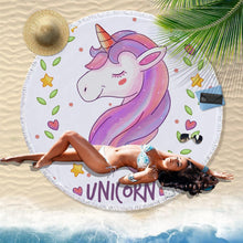 Load image into Gallery viewer, Hand-Painted Cartoon Unicorn Oversized Round Tassel Beach Towel Yoga Mat
